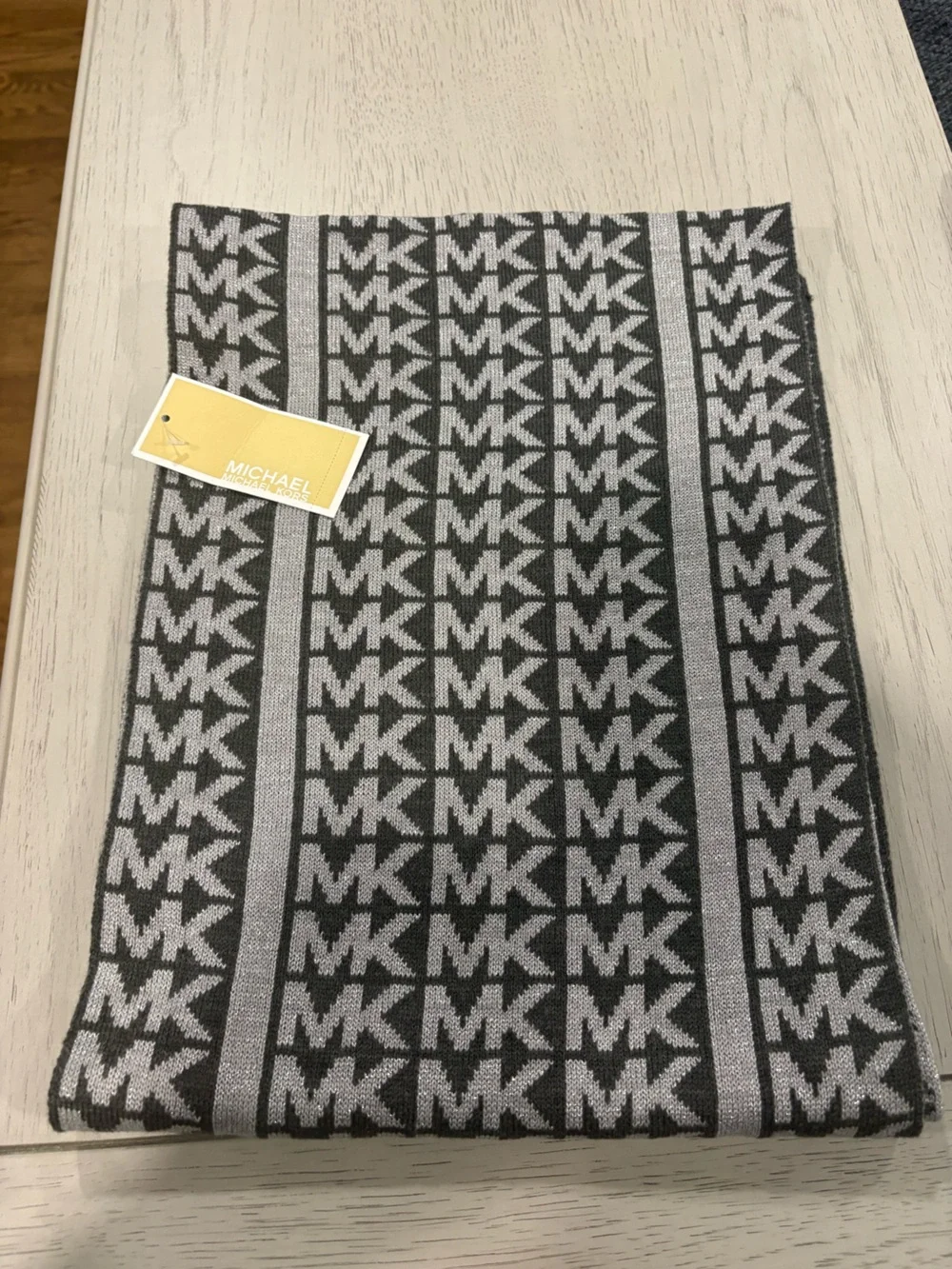 Michael Kors Gray and Dark Gray MK Logo Knit Scarf